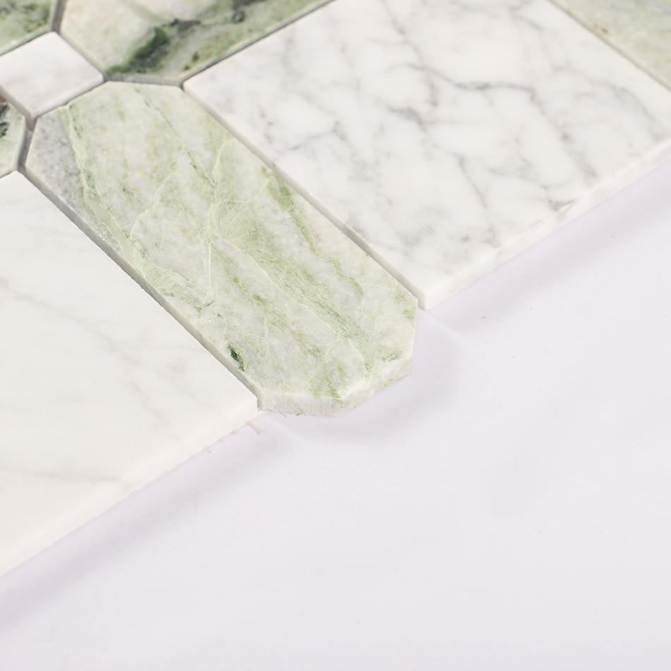 Edge close-up of green and white marble square octagon mosaic tile