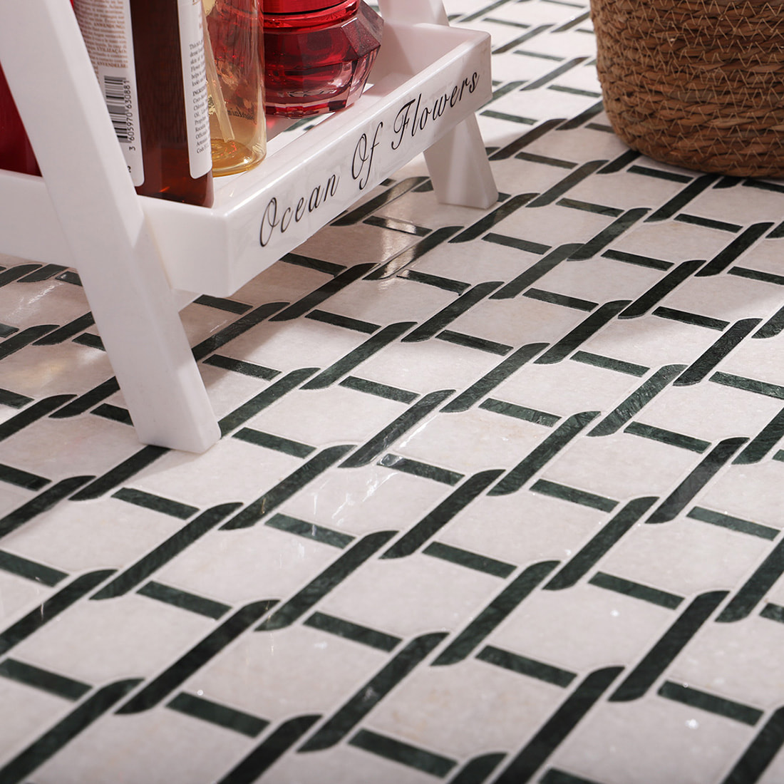 Interior application of green and white marble mosaic tile floor pattern