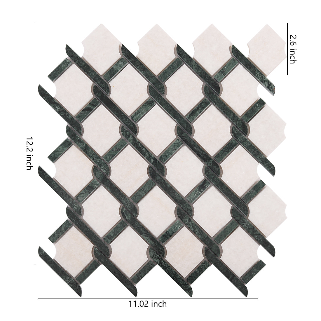 Green and white marble mosaic tile sheet with geometric pattern and size markings