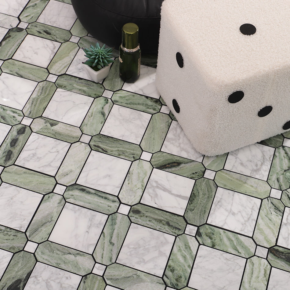 Green and white marble square octagon mosaic tile used on floor scene