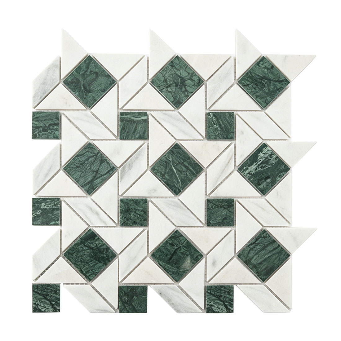 Green and white geometric pinwheel marble mosaic tile sheet for wall floor.
