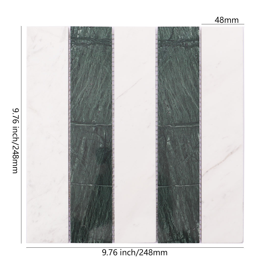 Green and white vertical marble mosaic tile sheet with 48mm strip size detail.