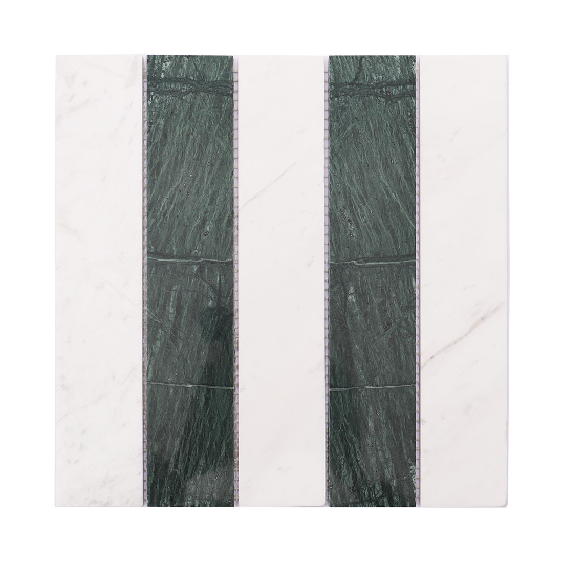 Green and white vertical marble strip mosaic tile full sheet display.
