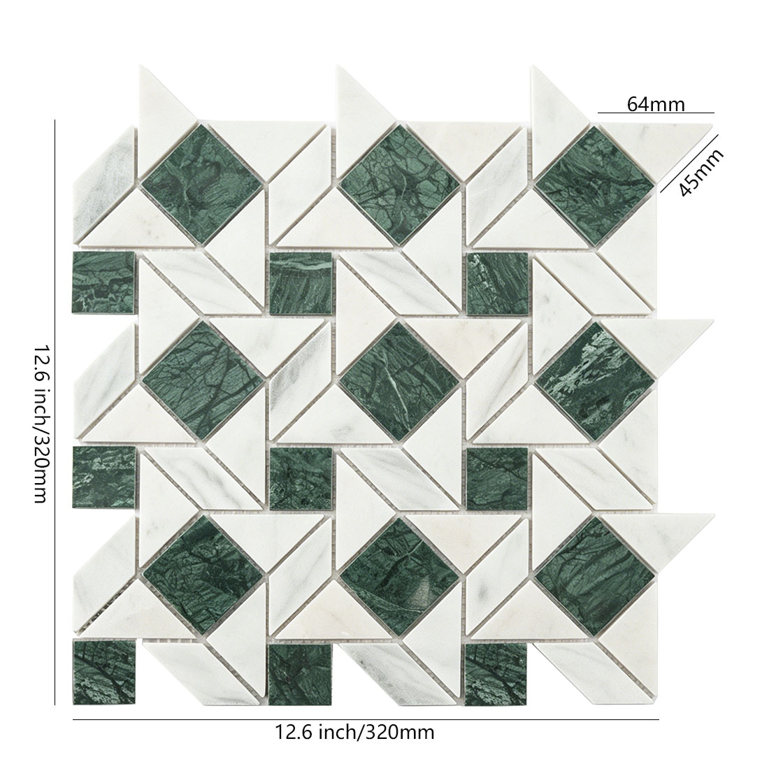 Green and white geometric marble pinwheel mosaic tile sheet size diagram.