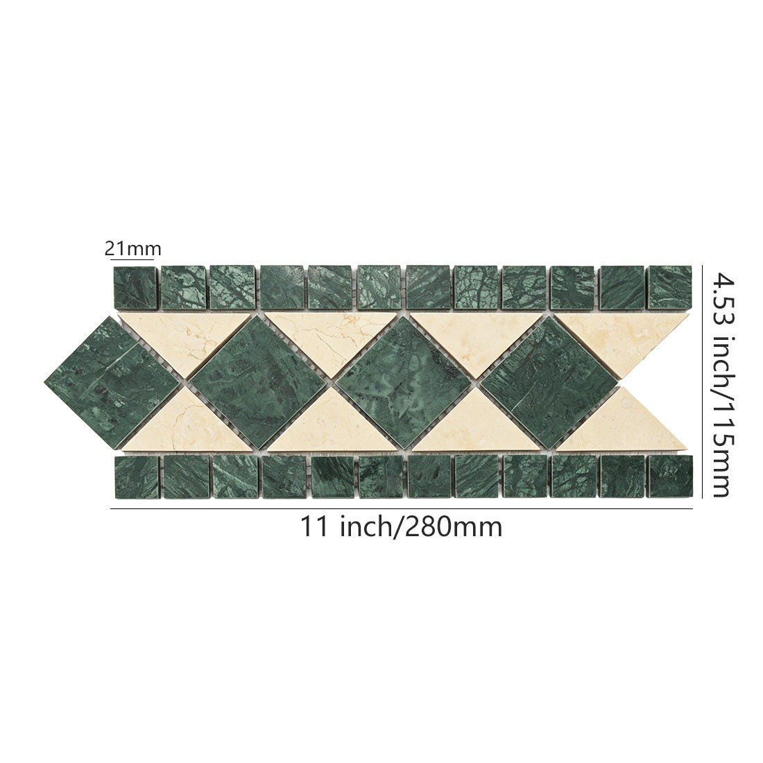 Green yellow diamond marble mosaic border tile with size measurements
