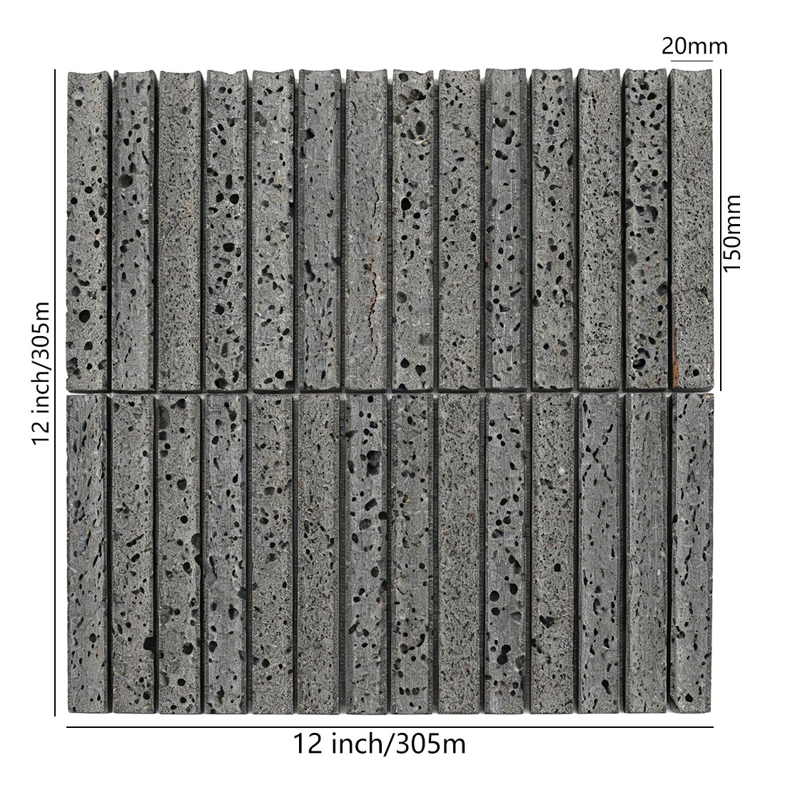 Dimensions of grey lava stone linear mosaic tile.