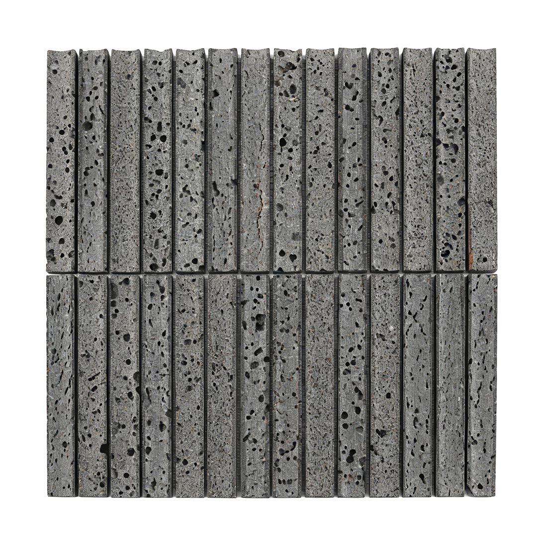 Front view of dark grey lava stone linear mosaic tile.