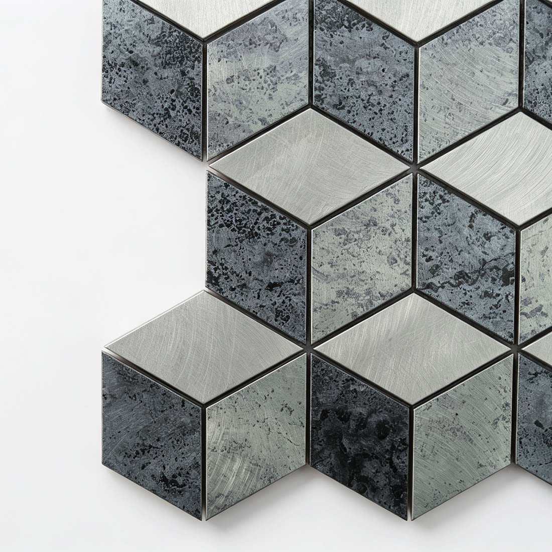 Close-up of grey and silver aluminum cube mosaic tiles with brushed and antique finishes