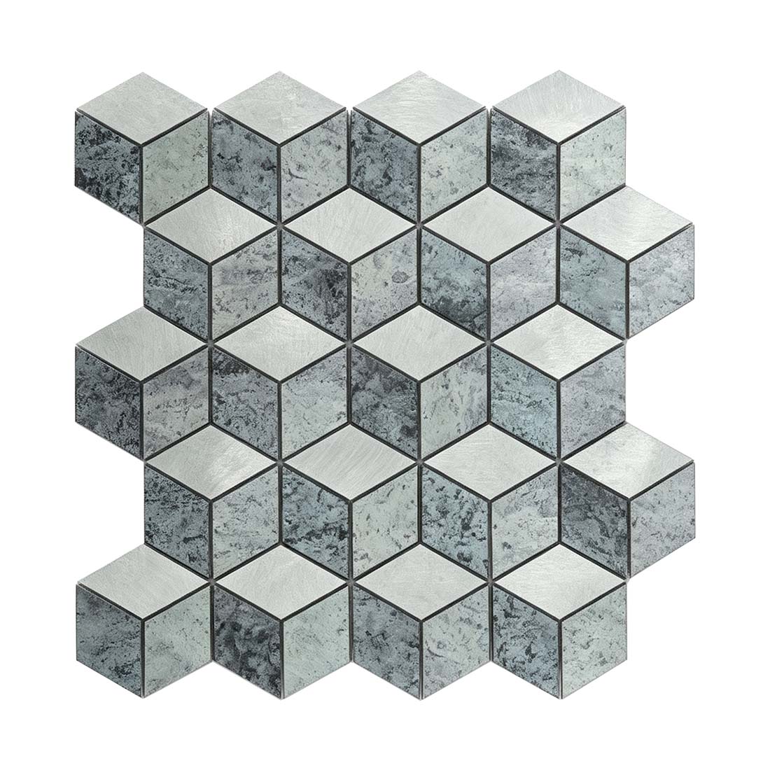 Grey and silver aluminum cube mosaic tile sheet in a three-dimensional geometric pattern