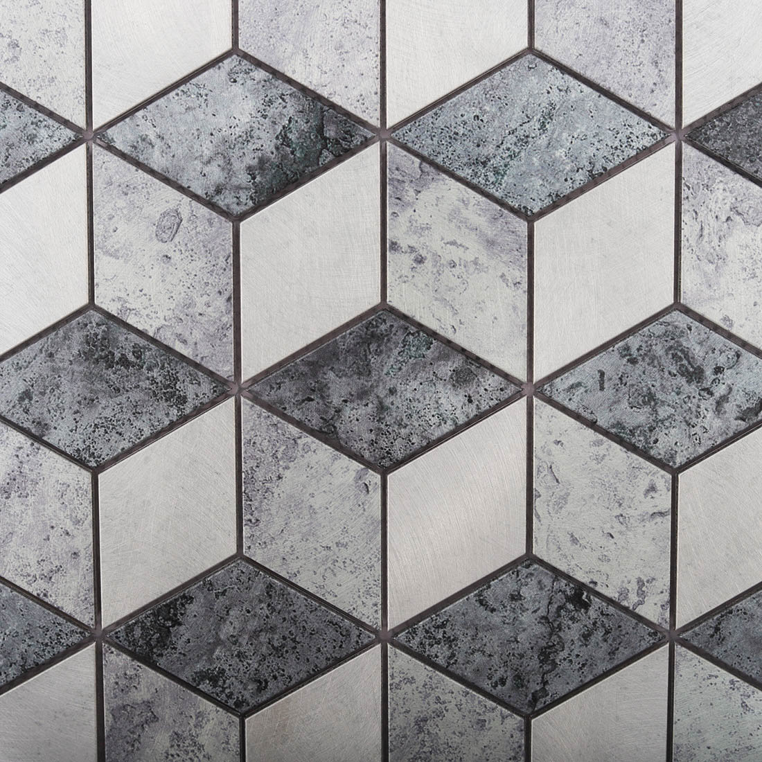 Grey silver geometric aluminum cube mosaic tile texture with brushed and antique finishes