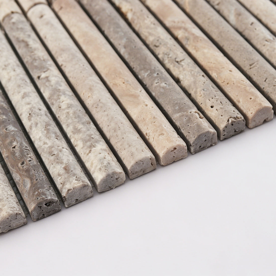 Side profile view highlighting the semi-circle contour of grey travertine.