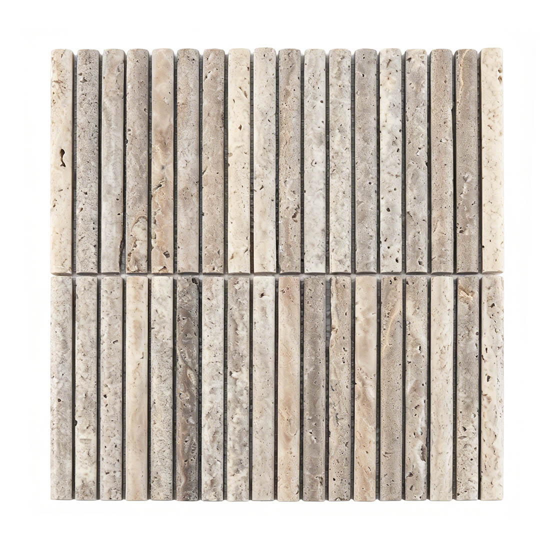 Front view of grey travertine semi-circle rod stacked mosaic.