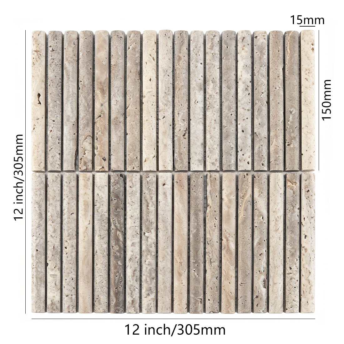 Dimensions of grey travertine semi-circle rod stacked tile.