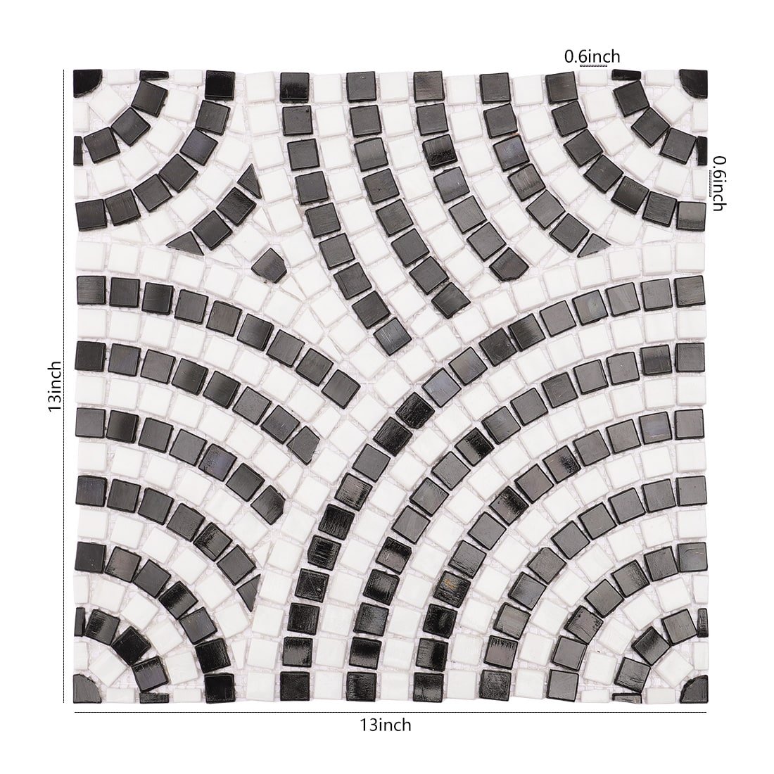 Handmade fan pattern glass mosaic tile in black and white, 13x13 inch square sheet with curved geometric design