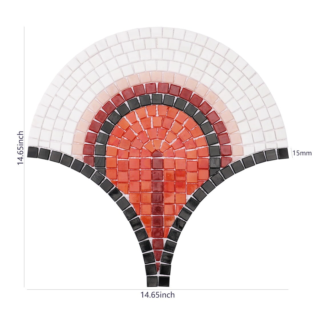 Handmade fan-pattern glass mosaic tile in red, black, and white, size 14.65 x 14.65 inches.