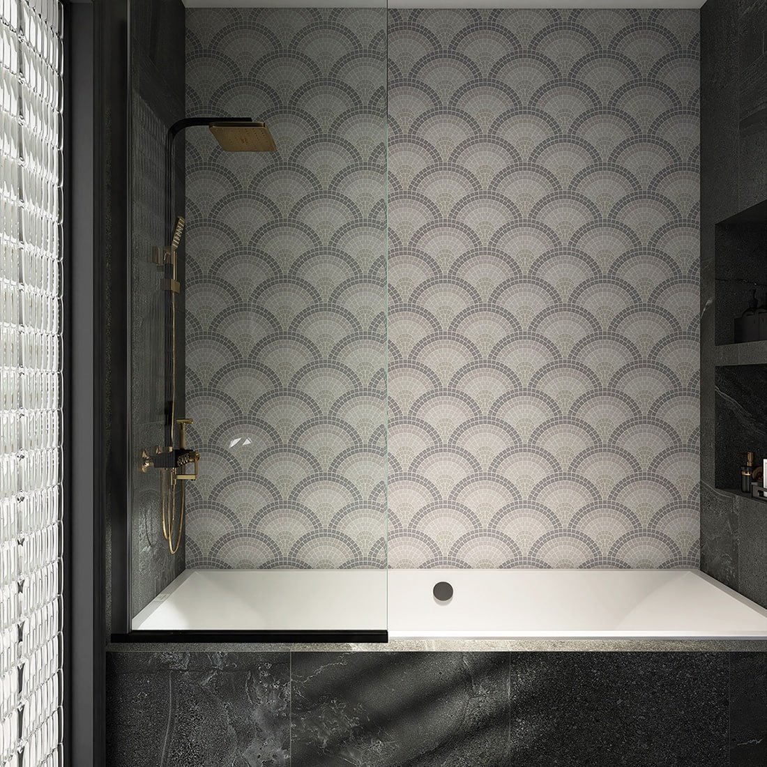 Handmade Fish Scale Glass Mosaic Tiles for Wall and Bathroom Decoration – Art Deco Curved Fan Pattern Design-Woos Tiles