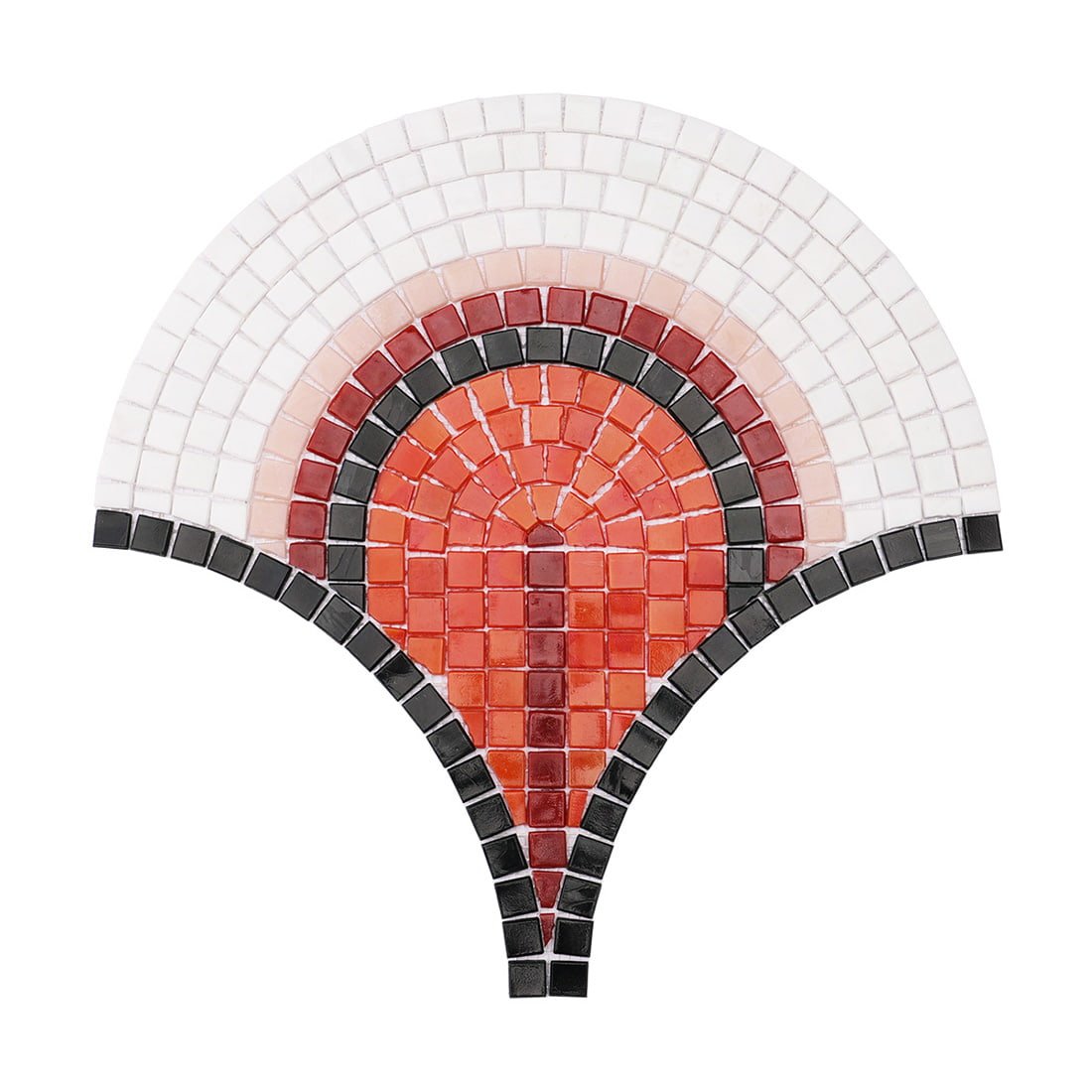 Handmade glass mosaic tile in a fan-shaped pattern with red, black, and white colors.