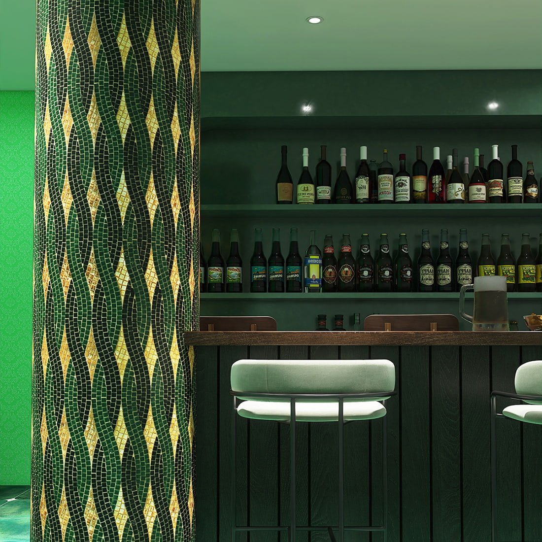 Handmade glass mosaic tile with rope-like gold and green pattern wrapping around a bar column.