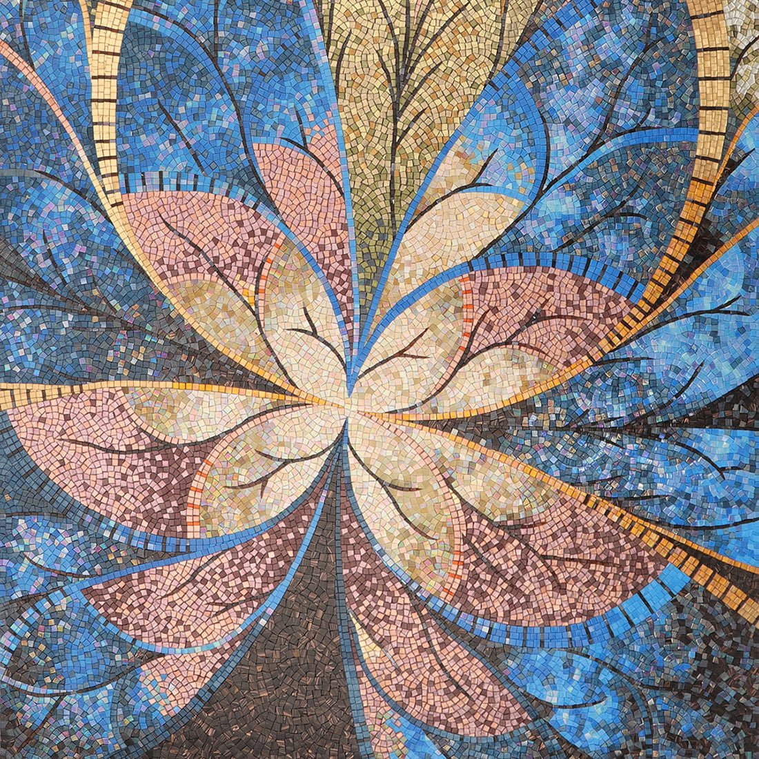 Handmade mosaic wall mural with blue, gold, and rose floral design for luxury interiors.