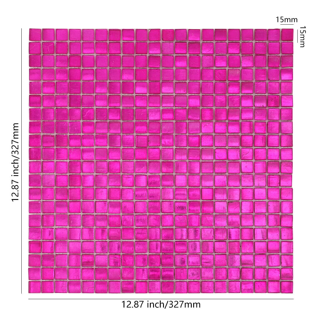 Hot pink foil-backed square glass mosaic sheet with size details