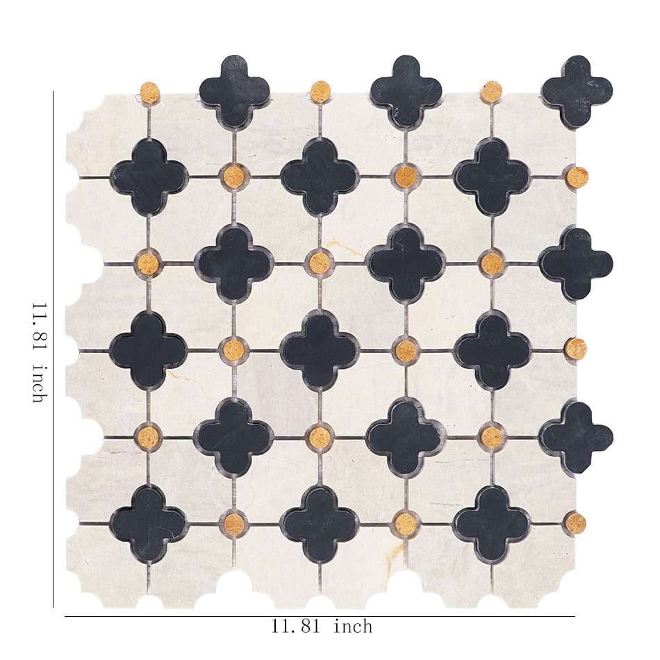 Light gray and black quatrefoil marble mosaic tile sheet with yellow dot accents