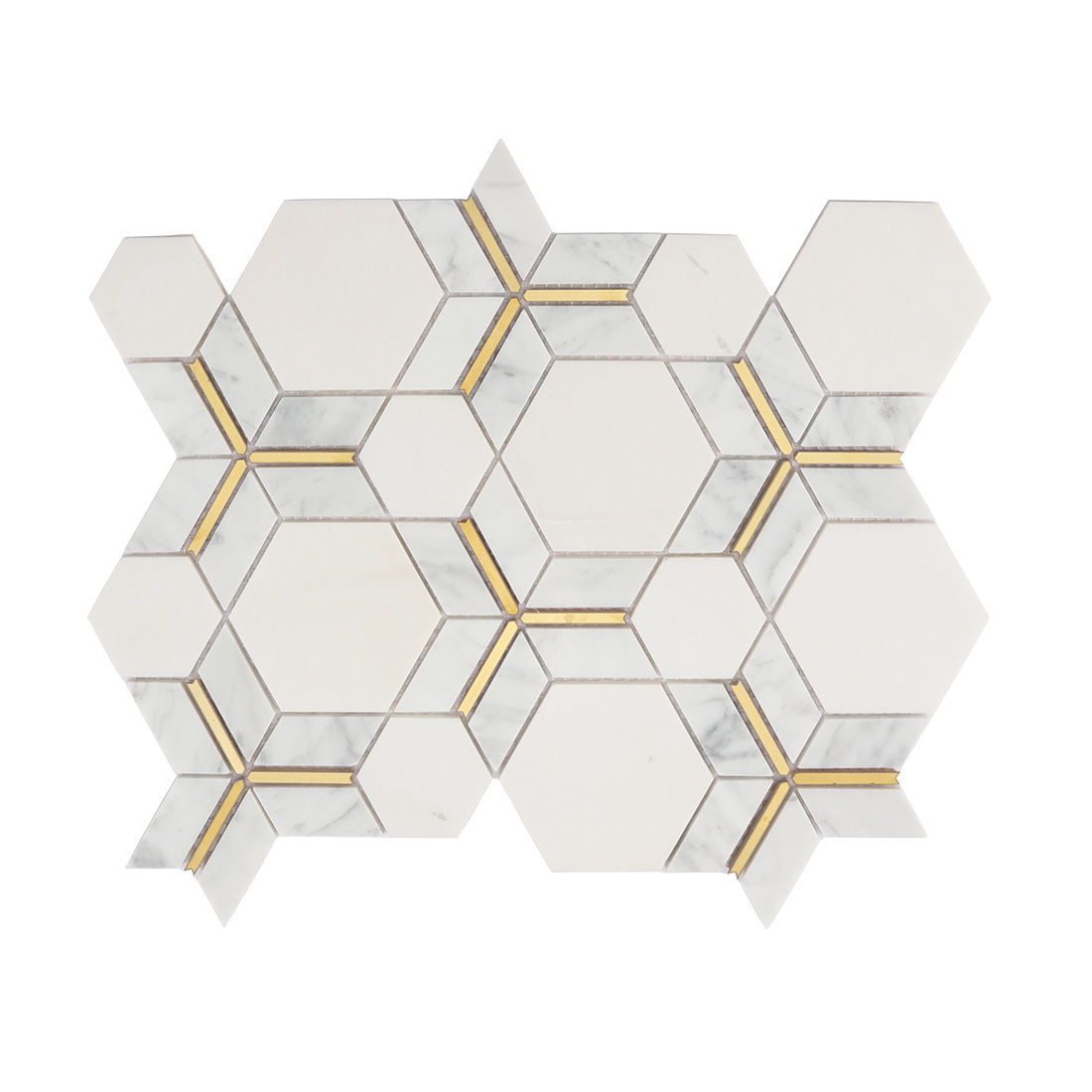 Interlocking hexagon and diamond marble mosaic with gold accents