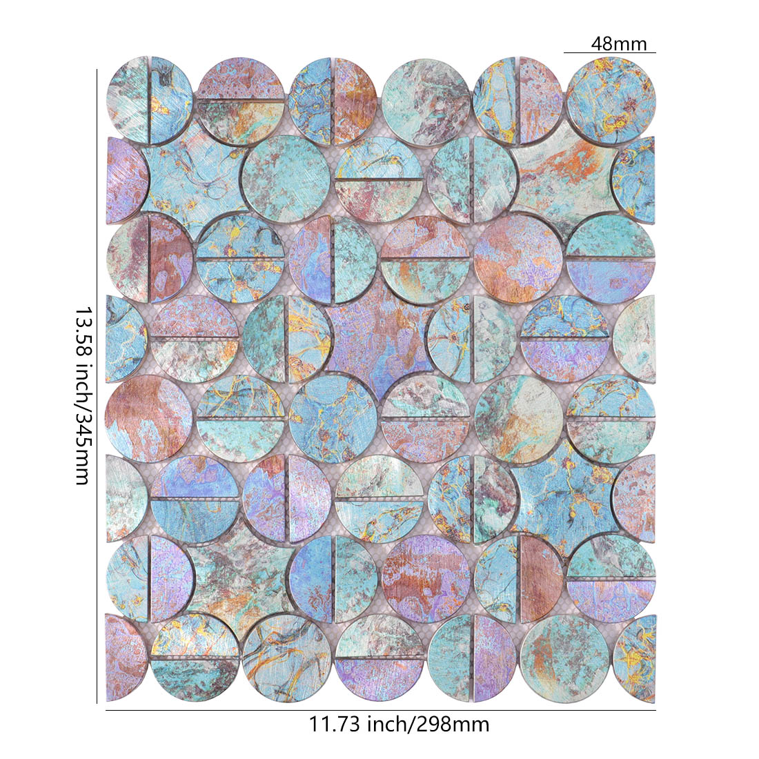 Iridescent aluminum round geometric mosaic tile sheet dimensions