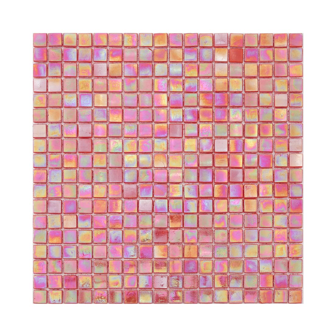 Full sheet of iridescent coral rose red square glass mosaic tile