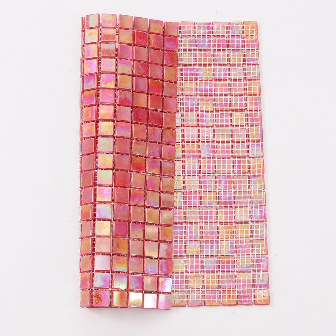 Mesh backing of iridescent coral rose red square glass mosaic tile