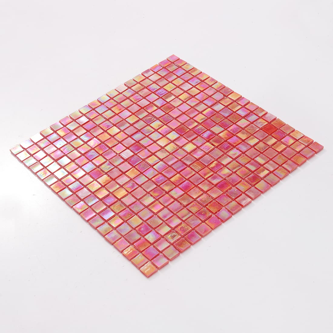 Perspective view of iridescent coral rose red square glass mosaic sheet
