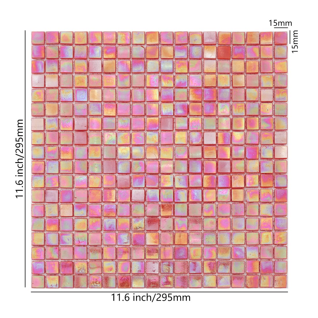 Iridescent coral rose red square glass mosaic sheet with size details