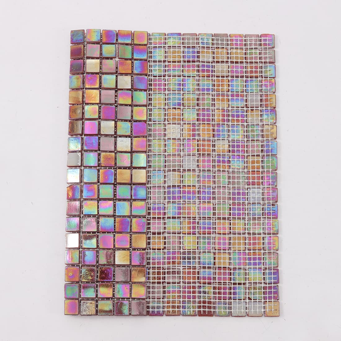 Back view of iridescent merlot red square glass mosaic with mesh backing