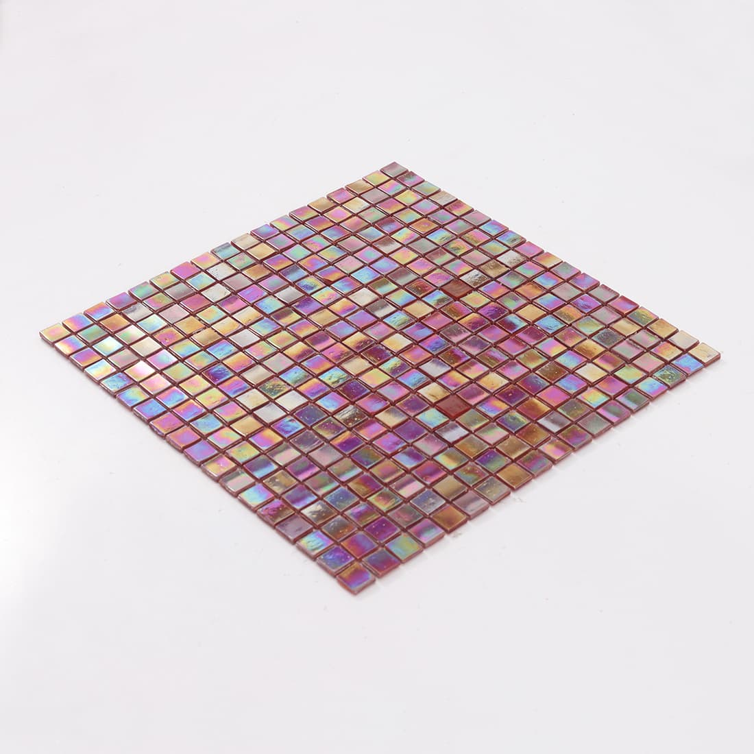 Perspective view of iridescent merlot red square glass mosaic tile sheet