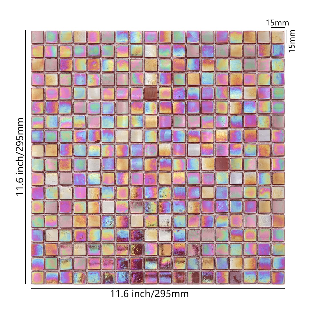 Iridescent merlot red square glass mosaic tile sheet with size details