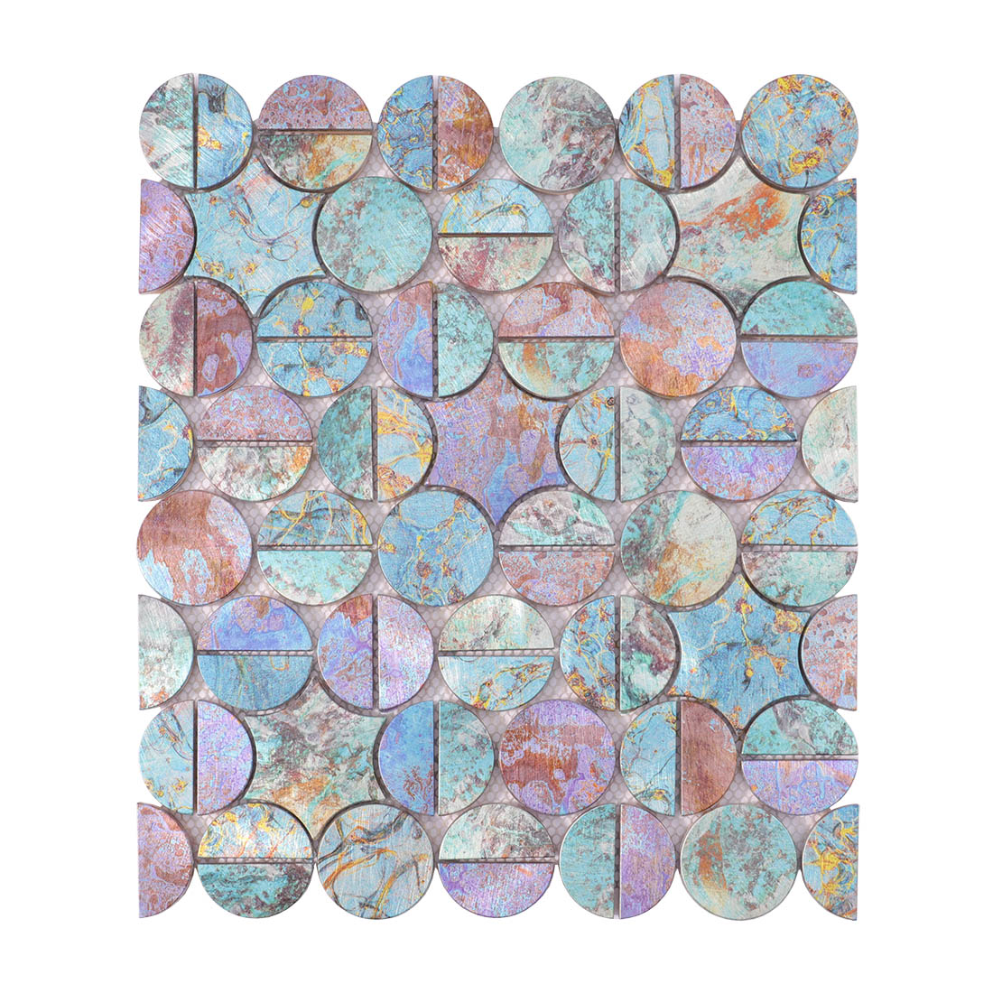 Colorful iridescent round geometric aluminum mosaic tile sheet front view
