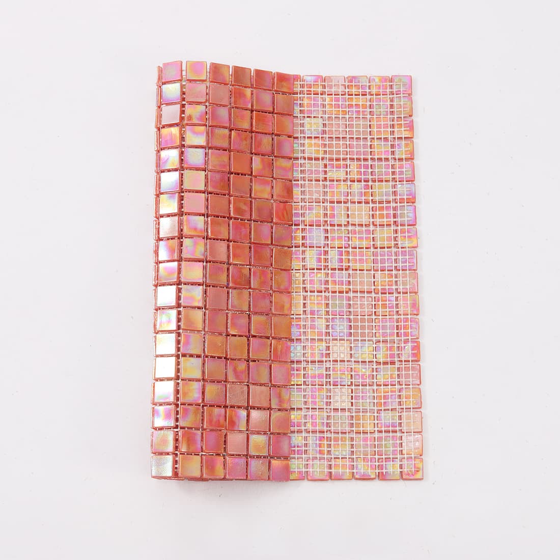 Iridescent orange square glass mosaic tile with mesh backing