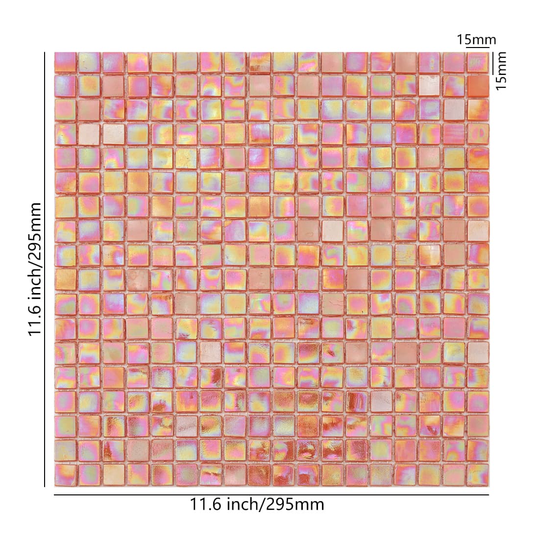 Iridescent orange square glass mosaic tile sheet with size details