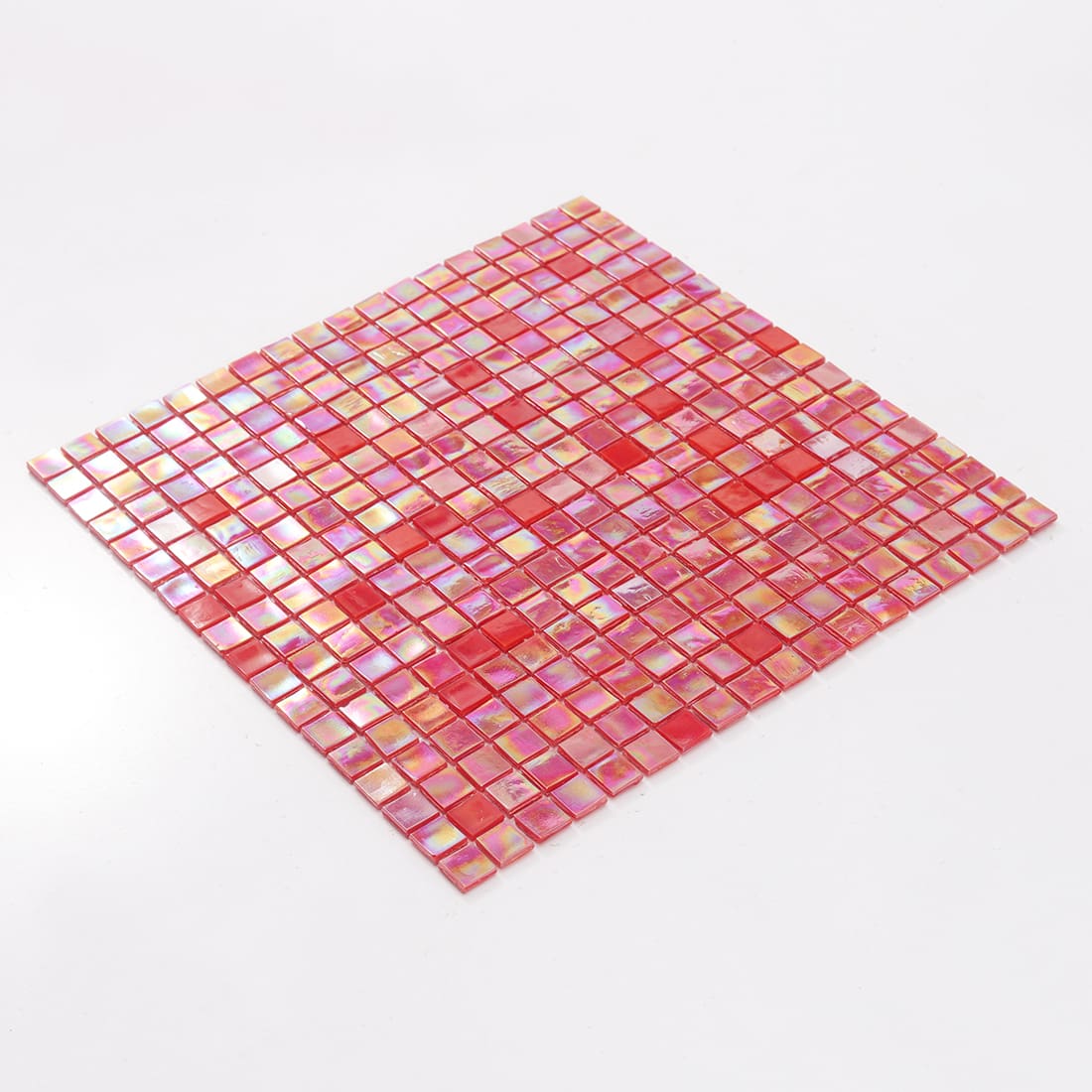 Perspective view of iridescent red square glass mosaic sheet