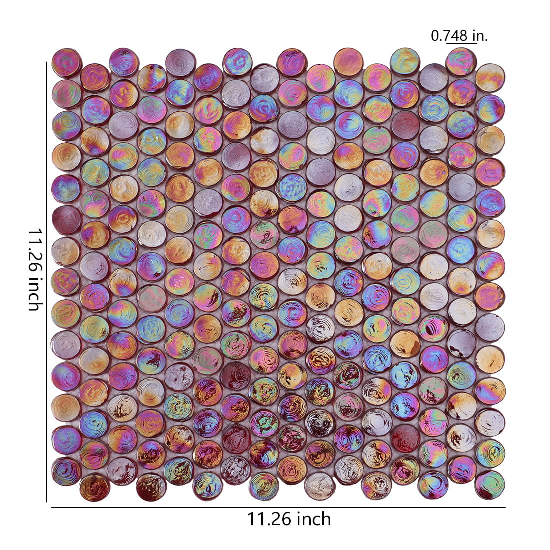 Square sheet of red iridescent penny tiles with 11.26 inch dimensions and 0.748 inch tile diameter.