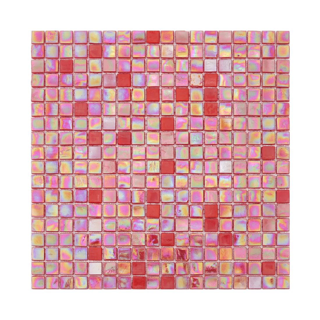 Full sheet of iridescent red square glass mosaic tile