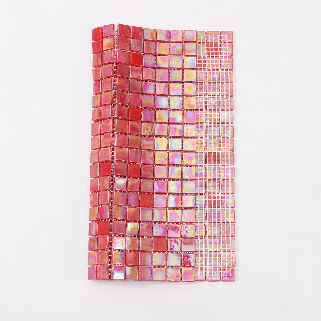 Mesh backing of iridescent red square glass mosaic tile