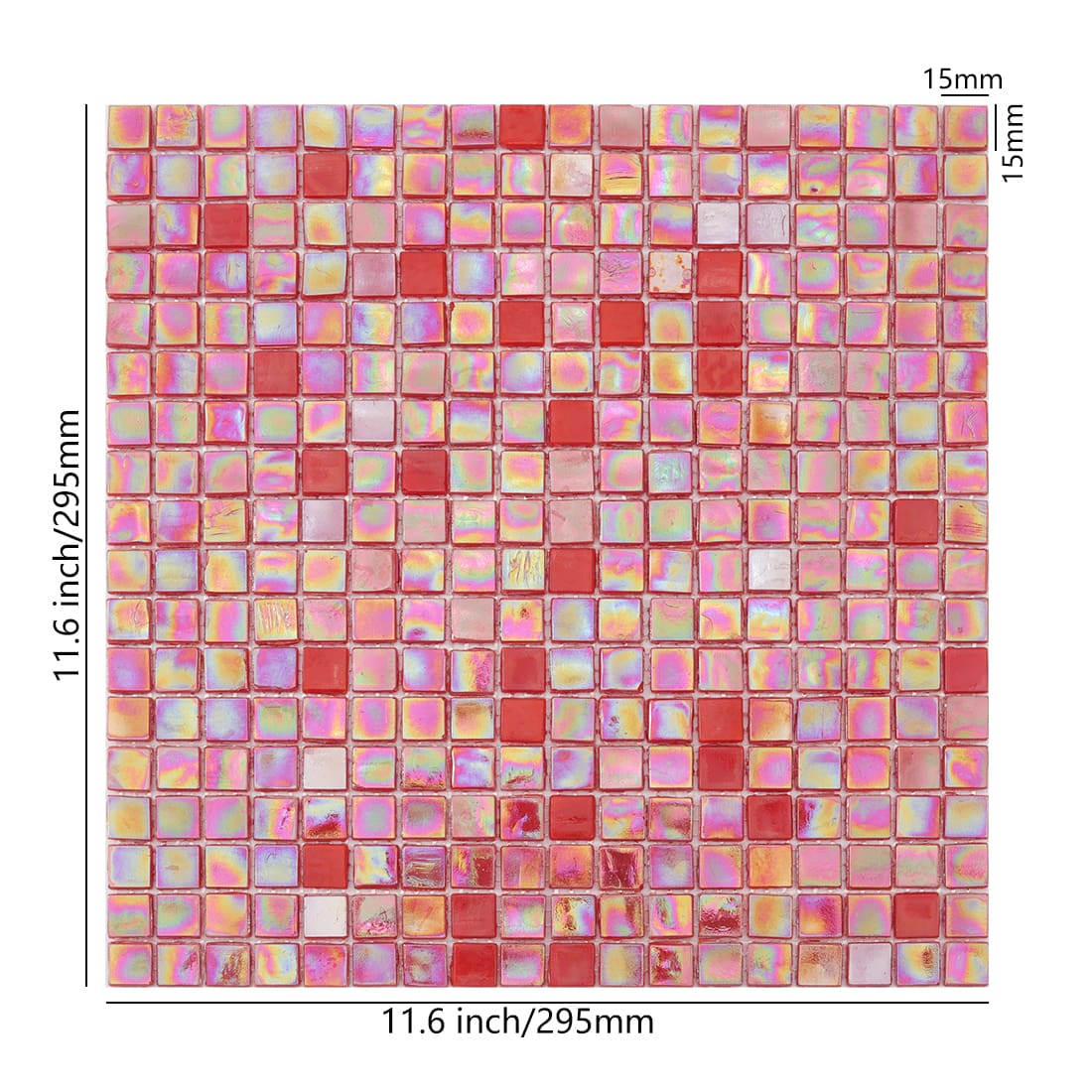 Iridescent red square glass mosaic sheet with size details