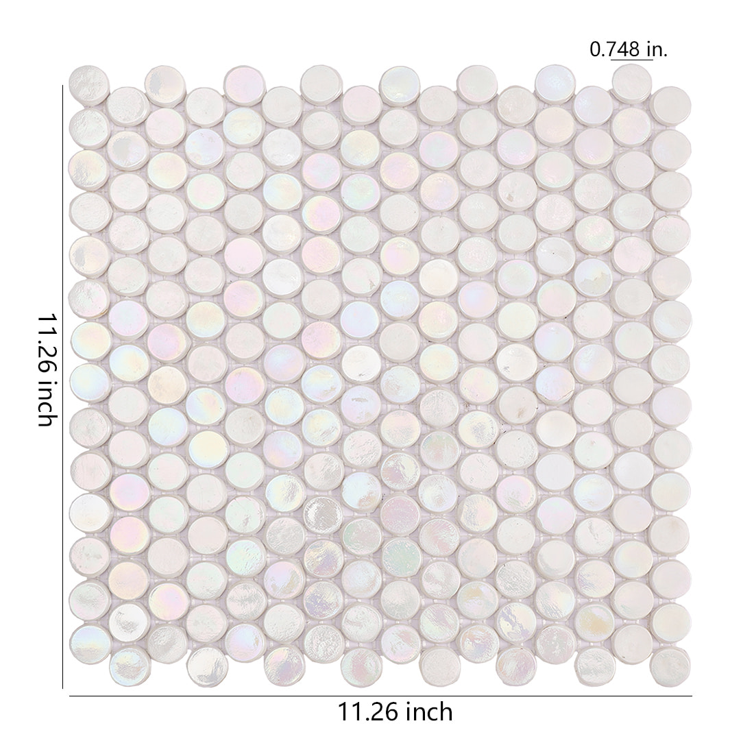 A top-down view of a square penny tile sheet with 11.26 inch dimensions and 0.748 inch tile diameter.