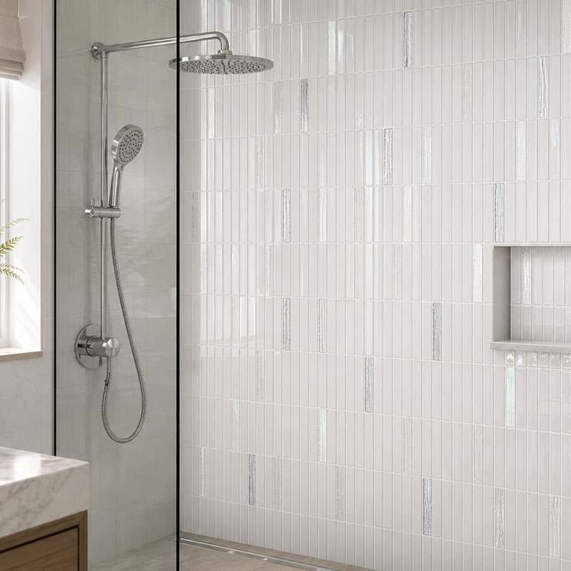 White glossy shower wall tiles with slim vertical texture and soft iridescent shine