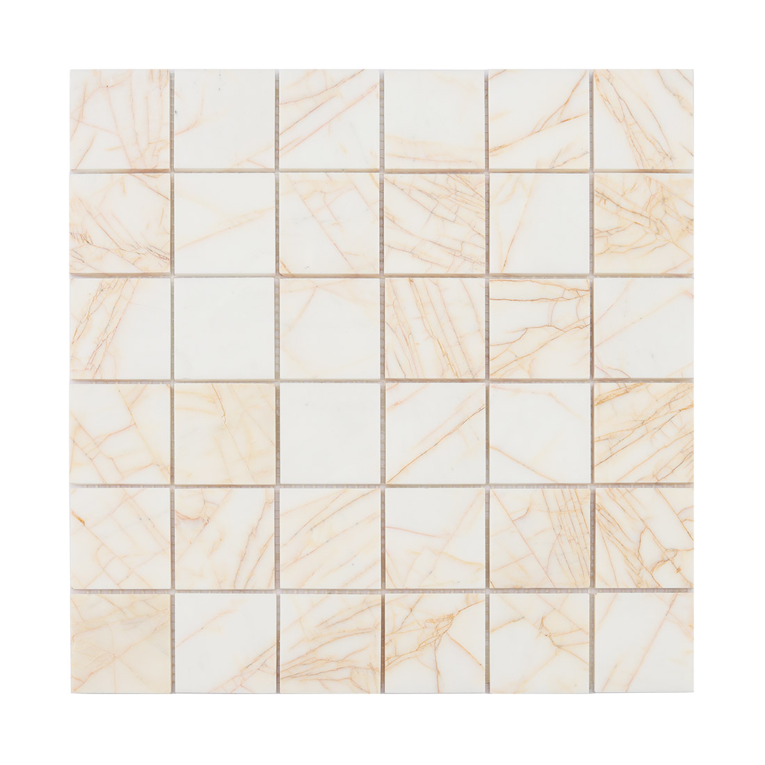 Front view of ivory square stone mosaic with warm amber veins