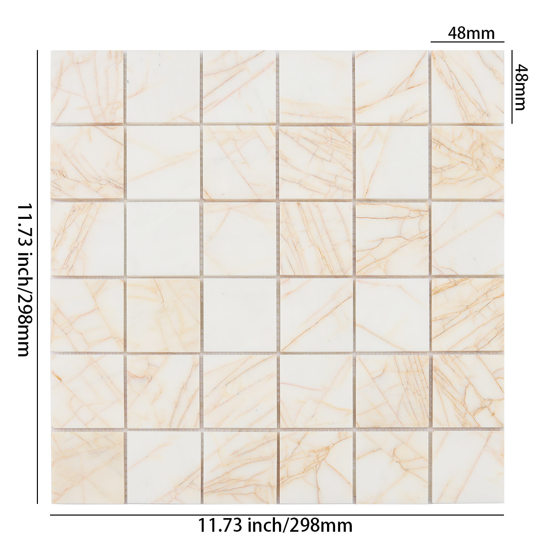 Ivory square stone mosaic with amber veining and dimensions