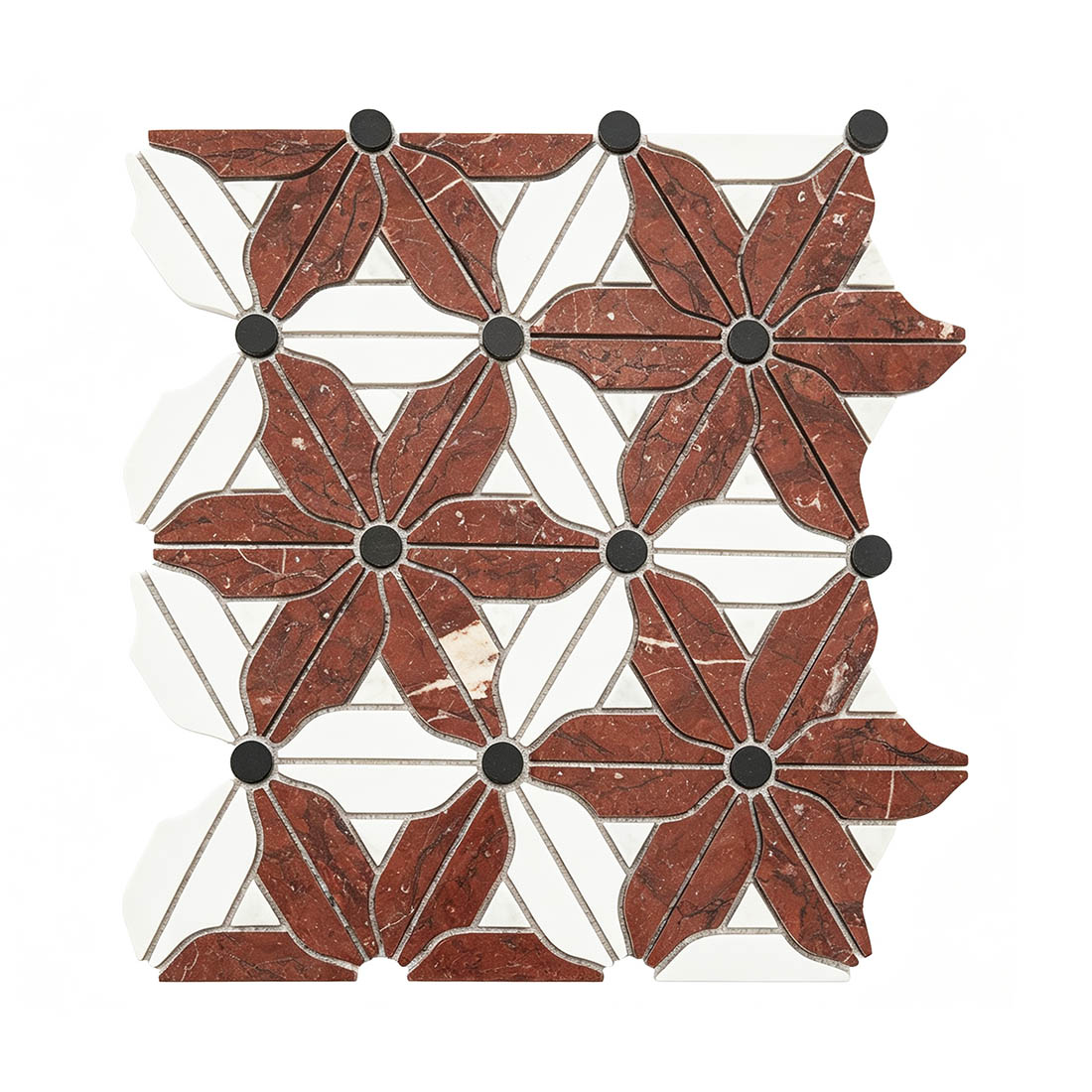 Ivory and burgundy botanical marble mosaic sheet with dark circular stone inlays