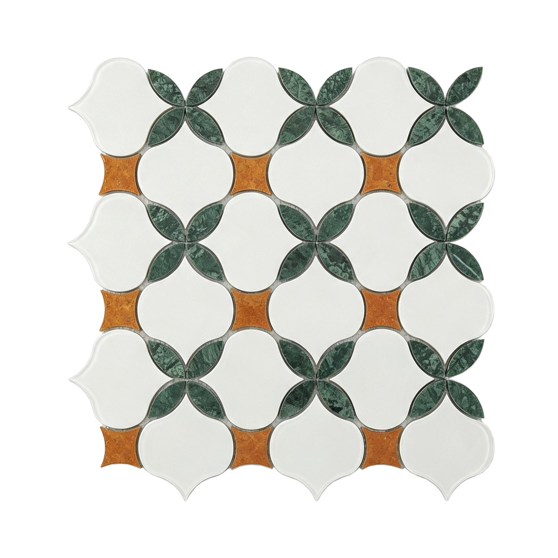 Ivory, green, and terracotta botanical marble mosaic sheet on a white background