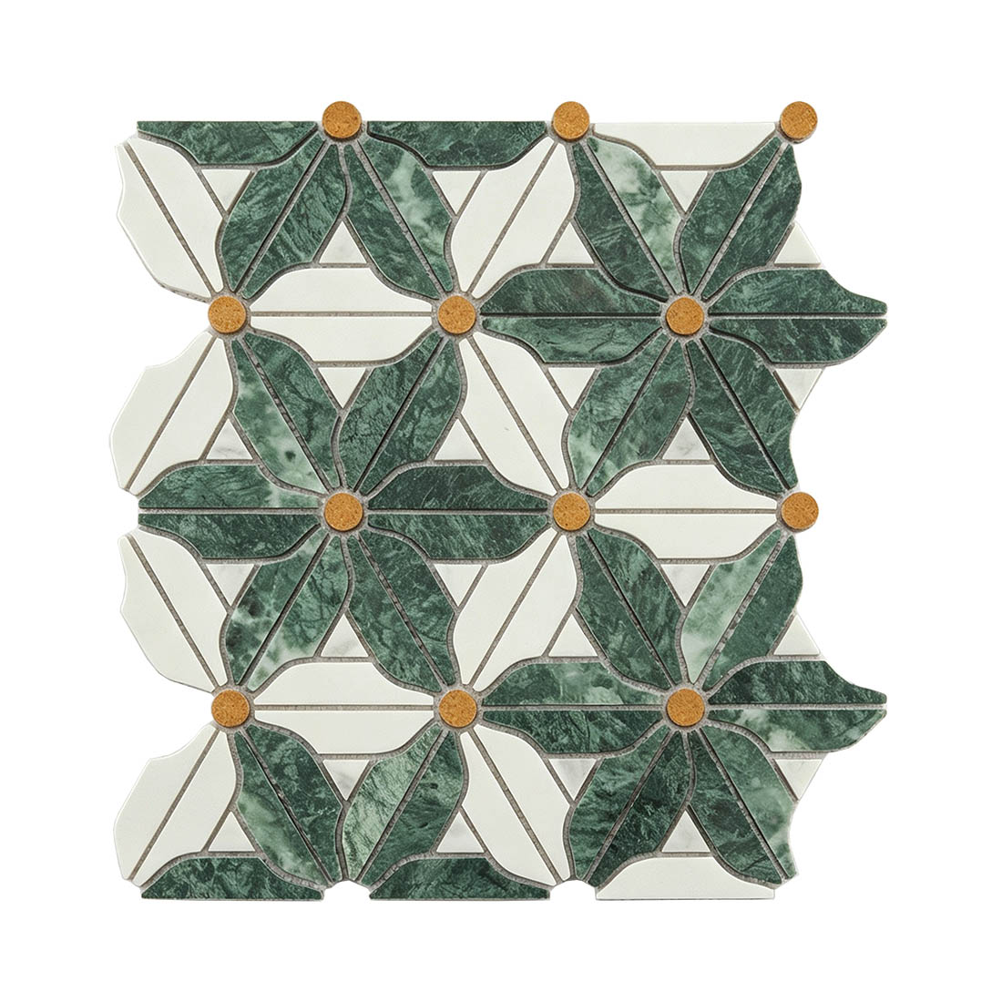 Ivory and Verde Guatemala green botanical marble mosaic sheet with ochre centers