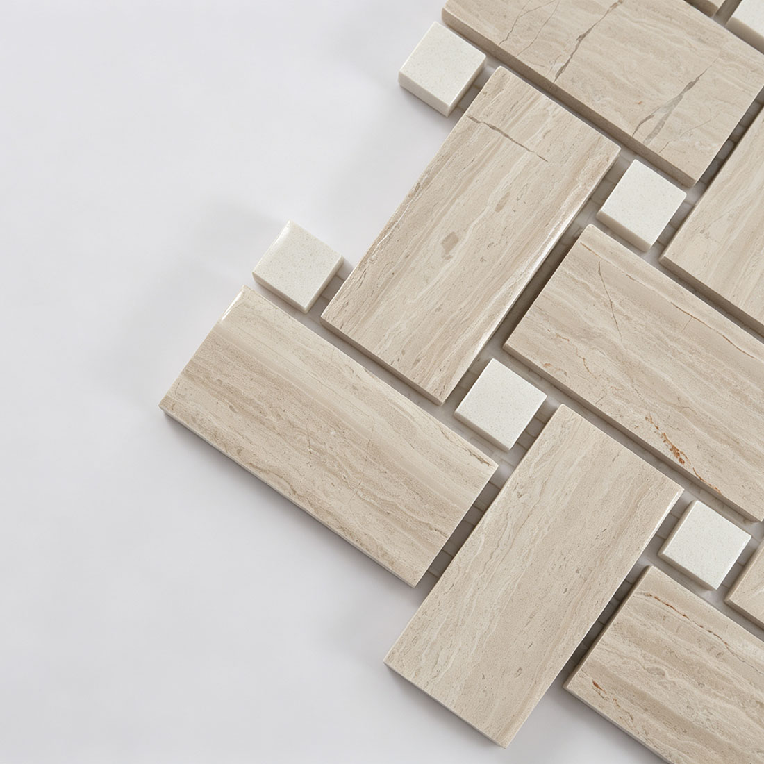 Close-up of ivory greige marble basketweave mosaic tile with white square accents